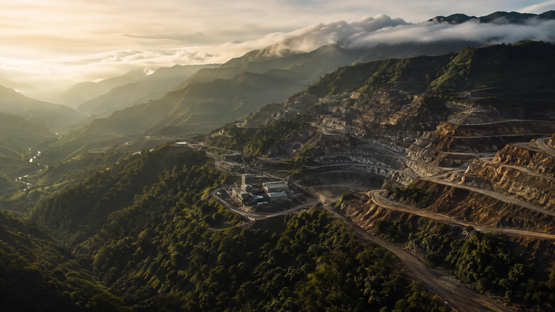 Aerial view of a professionally managed mine landscape in Colombia's mountainous gold-producing regions